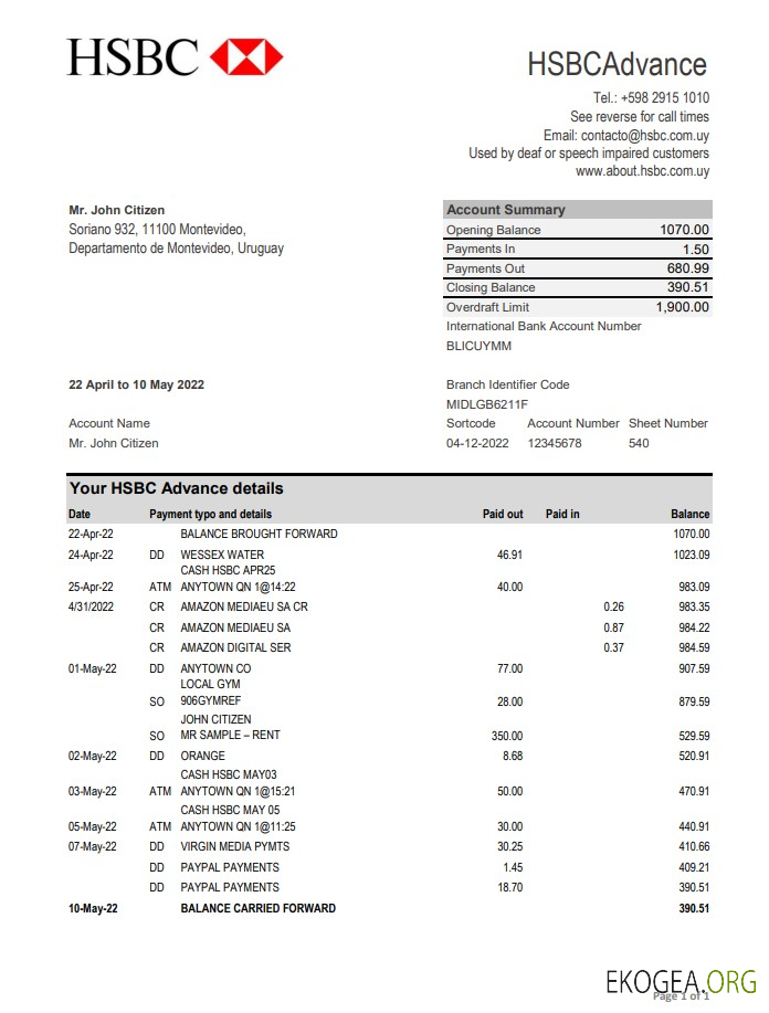 Relevé bancaire HSBC Uruguay